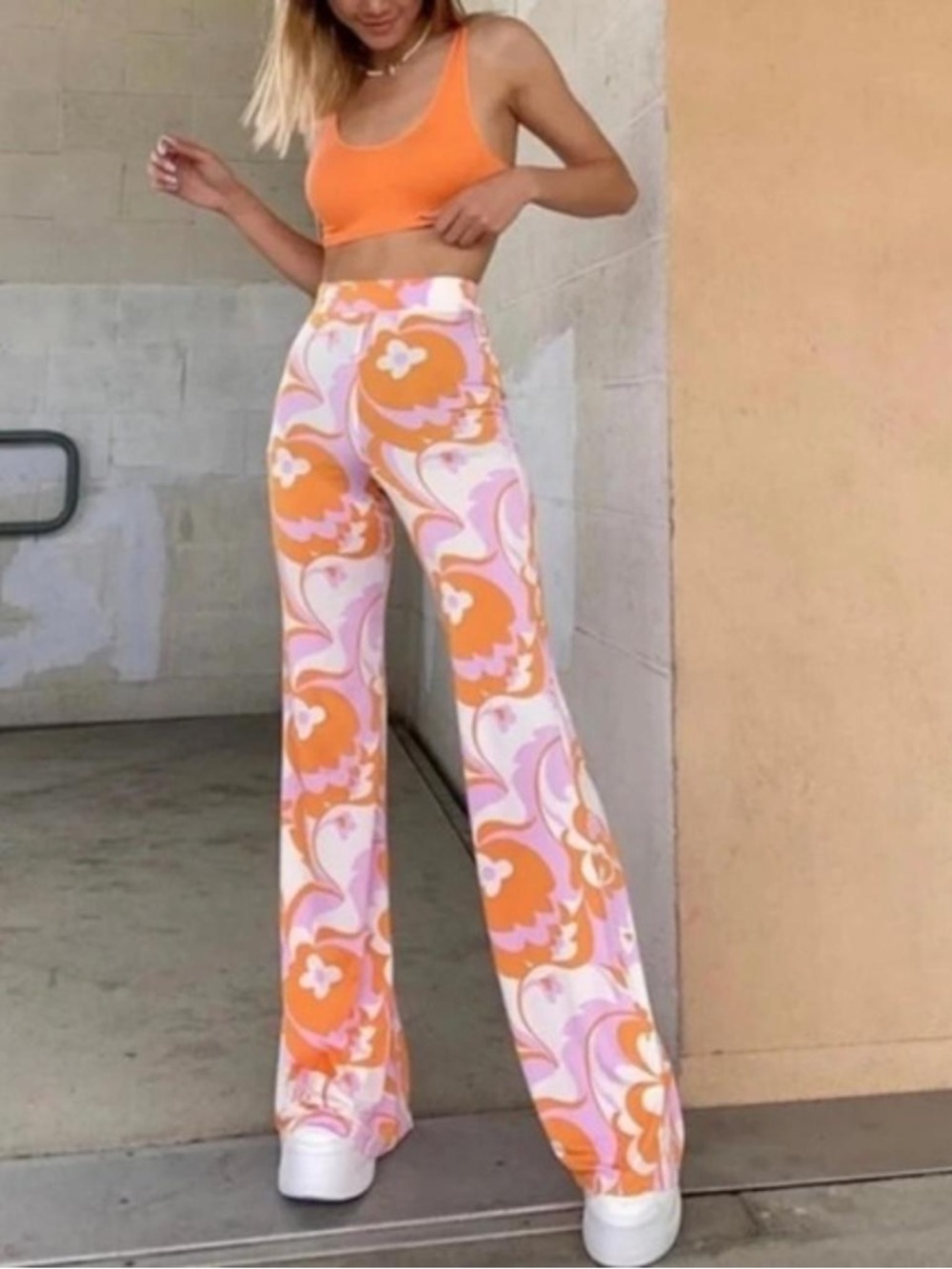Zara Retro Print Wide-Leg Pants in Orange & Pink